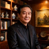 一位年约五十岁的华人男性收藏家肖像，身着深色西装，背景为书房中的书架和艺术品