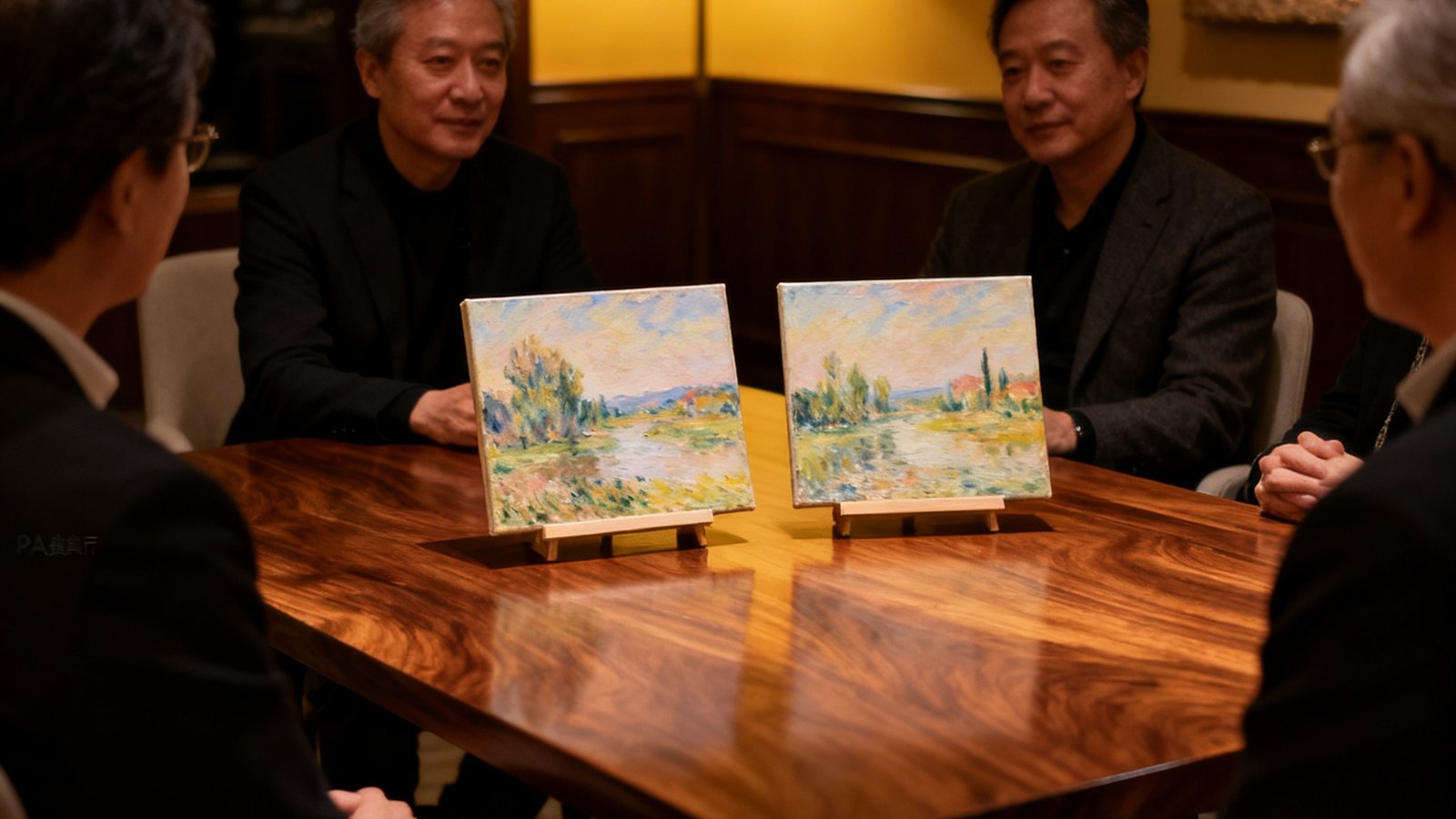PA贵宾厅私密鉴赏沙龙现场，几位收藏家围坐在一张胡桃木长桌旁，面前摆放着两幅小幅印象派风景画作，柔和灯光下细节清晰可见